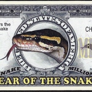 Pode incluir: Uma nota de banco de fantasia com um design de cobra. A nota é preta e branca com detalhes dourados. Ela diz "One Million Charming Million" e "Year of the Snake".