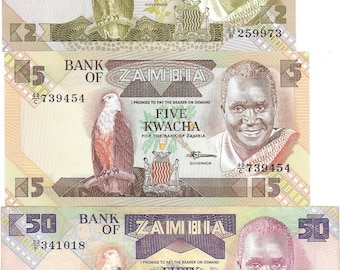 Zambia 1980's "Fish Eagle" SET; 2, 5 and 50 Kwatcha; All UNCIRCULATED