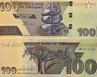 Zimbabwe 100 Dollars, B197b, UNCIRCULATED, 2023; features Great Zimbabwe Ruins