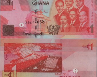 GHANA 1 Cedi Banknote, P37a, 2007, UNCIRCULATED; Features Qwame Nkruma. other leaders and a Dam