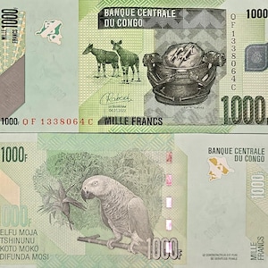 May include: A front and back view of a 1000 Francs banknote from the Banque Centrale Du Congo. The front features two deer, a decorative vessel, and the text "MILLE FRANCS". The back shows a parrot and the text "ELFU MOJA TSHINUNU KOTO MOKO DIFUNDA MOSI".