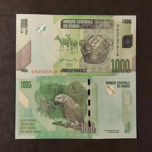 KONGO-biljet van 1000 frank; P-101a: ONGECIRCULEERD uit 2005; Met twee okapi's; Hagedissen en een PAPEGAAI