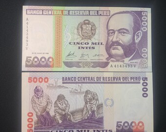 PERU 5000 Intis, P-137; UNCIRCULATED, 1988; features fishermen repairing nets