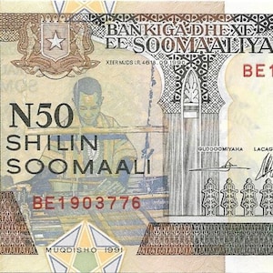 May include: A Somali 50 Shilling banknote featuring a portrait of a man weaving a rug, the text "BANKIGADHEXE EE SOOMAALIYA" and the serial number "BE1903776".