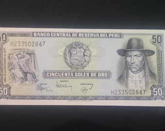 PERU 50 Soles de Oro, P-113, UNCIRCULATED, 1977; Featuring historic town of Tinta