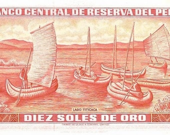 PERU 10 Soles de Oro, P-100c, UNCIRCULATED, 1972; Featuring BOATS in Bay