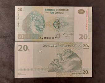 Congo 20 Francs; P-94; 2003; Unc; features a Lions Head and Lion Pride on back