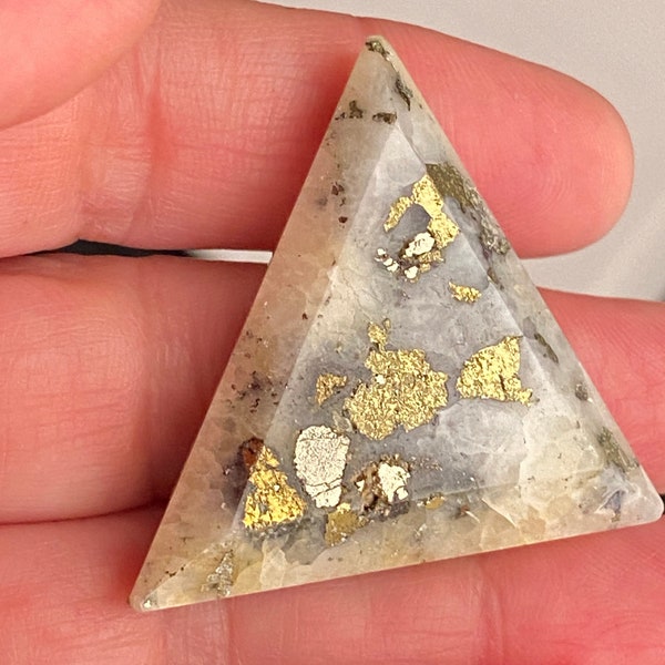 Gem cut triangle white quartz with pyrite cabochon - Mexican gem-cut pyrite-quartz collector's piece - A silversmith's delight