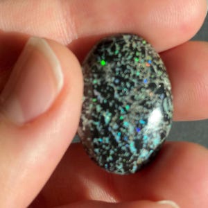 May include: An oval-shaped black opal gemstone with a speckled pattern and iridescent flashes of green, blue, and orange. The stone is held between two fingers, showcasing its polished surface and natural beauty.