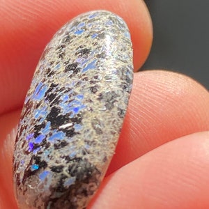 May include: A polished, oval-shaped gemstone with a textured surface. The stone features a mix of colors, including black, gray, and iridescent blue. The gemstone is held between fingers, showcasing its size and shape.