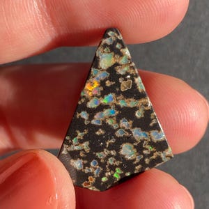 May include: A triangular black opal gemstone with a speckled pattern of iridescent colors, including blue, green, and yellow. The opal is held between two fingers, showcasing its unique color variations and texture.