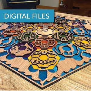 May include: A wooden game board with a hexagonal design. The board is painted in shades of blue, green, yellow, red, and brown. The board features a variety of symbols, including wheat, sheep, and a brick pattern. The text "DIGITAL FILES" is displayed in a blue banner at the top of the image.