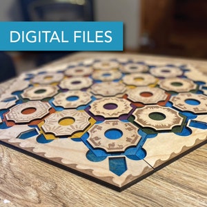 May include: A wooden game board with a hexagonal design. The board is made of light wood and has a blue, green, yellow, and orange color scheme. The board is divided into sections with different designs, including circles, stars, and animals. The board is labeled "DIGITAL FILES".
