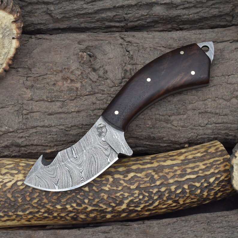 Custom Handmade 7" Gut Hook Skinning Knife with Rosewood Handle & Dual Sheath (2067-IRW) image 2