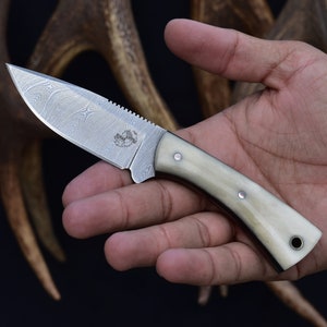 Handmade Damascus Steel Cowboy Knife: Bone Handle, Leather Sheath
