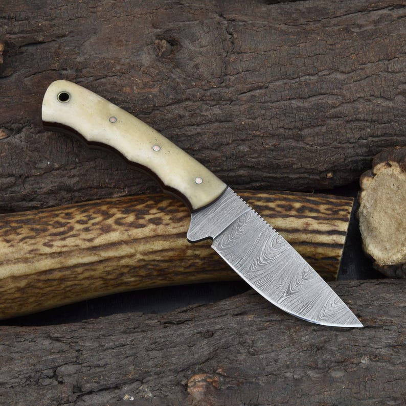 Handmade Damascus Steel Drop Point Hunting Knife: Cattle Bone Handle, Cowhide Sheath Bild 2
