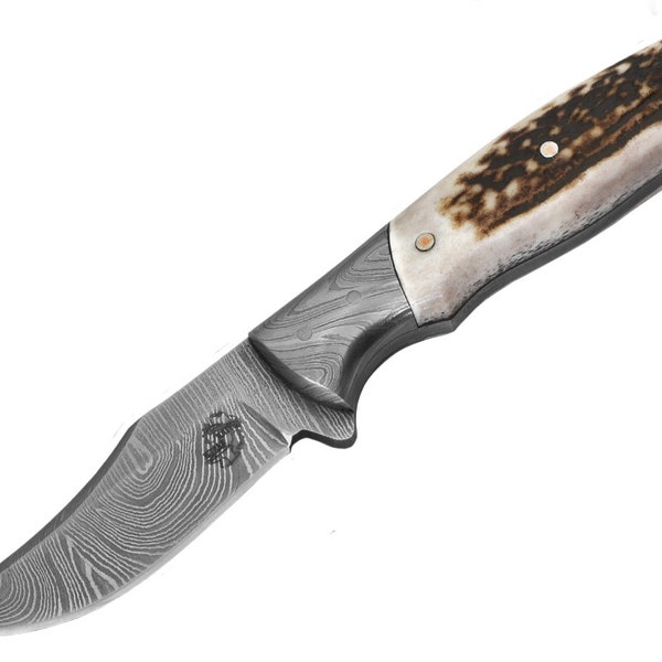 Custom Handmade Damascus Steel 7" Hunting / Skinning / Camping / Bushcraft Knife with Red Stag Antler Handle & Dual Sheath (2103))