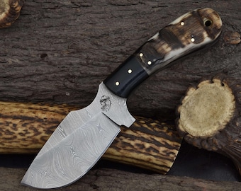 Handmade Damascus Steel Skinning Knife: Ram Horn + Burlap Micarta Handle and Dual Carry Sheath