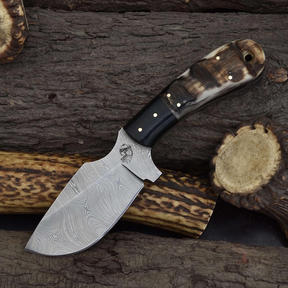 Handmade Damascus Steel Skinning Knife: Ram Horn + Burlap Micarta Handle and Dual Carry Sheath