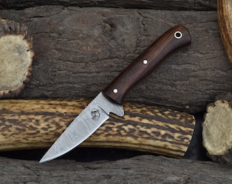 Custom Handmade Damascus Steel Full Tang Paring Knife with Stabilized Rosewood Handle & Horizontal Cowboy Sheath (3056-IRW)