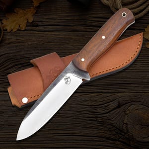 Handmade Full Tang Bushcraft Knife: 440-C Steel, Rosewood Handle, Leather Sheath