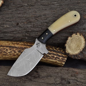 Handmade Damascus Steel Skinning Knife: Cattle Bone & Burlap Micarta Handle