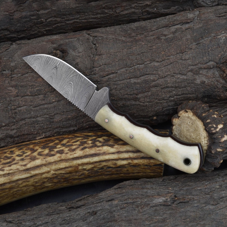 Handmade Damascus Steel Drop Point Hunting Knife: Cattle Bone Handle, Cowhide Sheath Bild 3