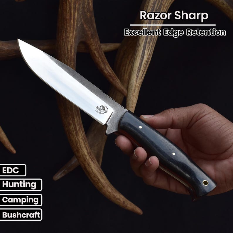 Cuchillo de bushcraft de espiga completa: acero 440C, dureza 59, mango de micarta, funda de cuero imagen 3