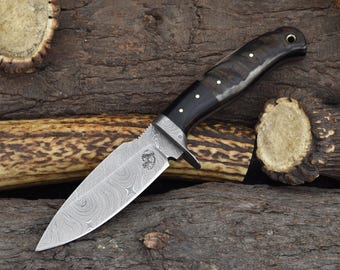 Damascus Hunting Knife | Ram's Horn Handle & Leather Sheath