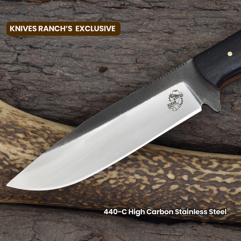 Cuchillo de bushcraft de espiga completa: acero 440C, dureza 59, mango de micarta, funda de cuero imagen 8