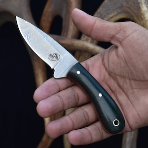 Può includere: Un piccolo coltello in acciaio Damasco con un manico verde scuro. La lama presenta un motivo unico e un piccolo emblema. Il manico è impreziosito da punti bianchi e un foro color ottone. Il coltello è tenuto in una mano.