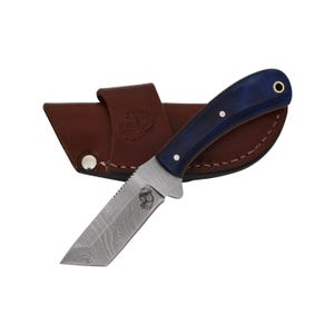 Handmade Damascus Steel Tanto Knife: Blue Cattle Bone Handle, Leather Sheath