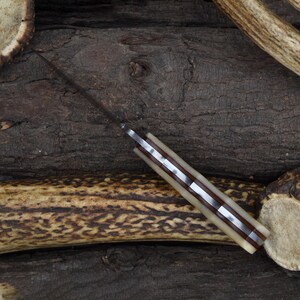 Handmade Damascus Steel Drop Point Hunting Knife: Cattle Bone Handle, Cowhide Sheath Bild 5