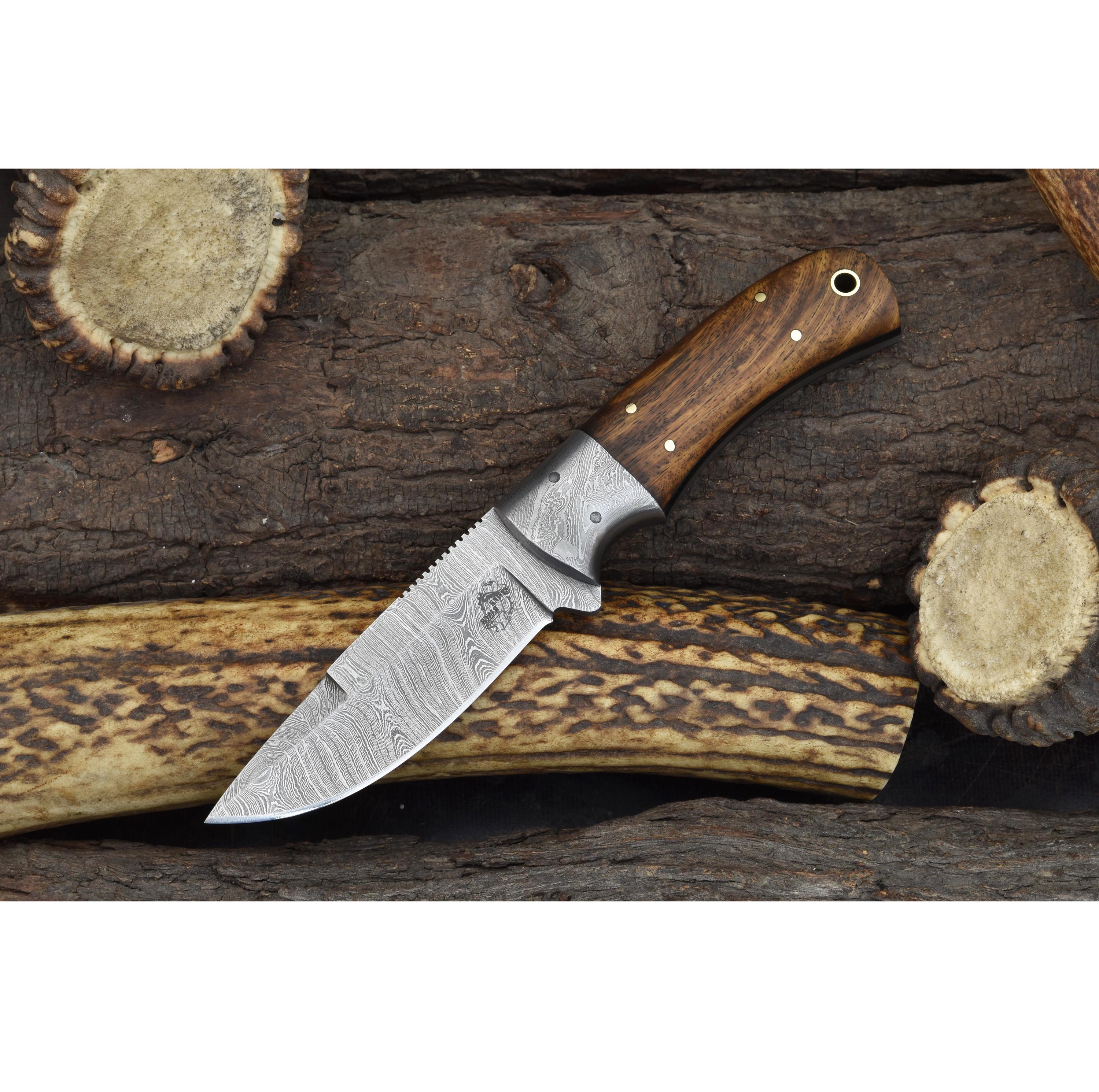 Knives Ranch 7-1/2" Hunting Knife / Damascus Bushcraft Knife with Rosewood Handle & Horizontal Carry Sheath 2142-IRW