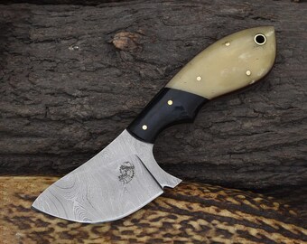 Handmade Damascus Steel Skinning Knife: Micarta & Bone Handle, Cowhide Sheath