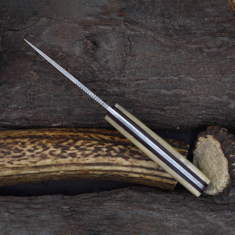 Handmade Damascus Steel Drop Point Hunting Knife: Cattle Bone Handle, Cowhide Sheath Bild 4