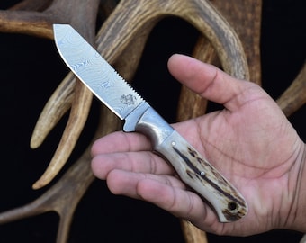 Handmade Damascus Skinning Knife: Red Stag Antler Handle, Dual Carry Sheath