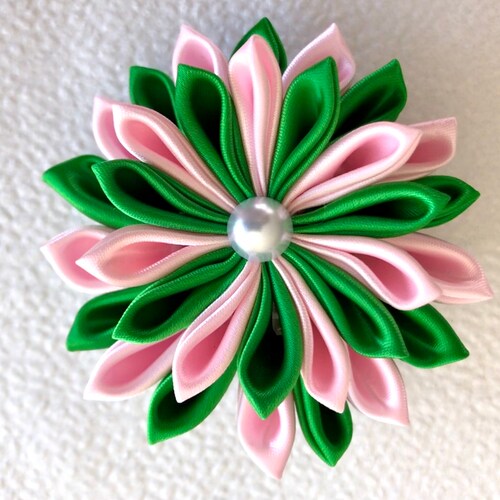 Large Satin Flower Pin Green and Pink Satin Flower Satin Etsy
