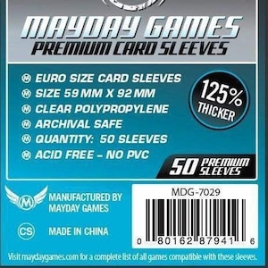 May include: A blue and white package of 50 premium card sleeves for board games. The sleeves are 125% thicker than standard sleeves and are acid-free and archival safe. The sleeves are made by Mayday Games and are euro size, measuring 59 mm x 92 mm. The package includes a barcode and the text "MDG-7029".