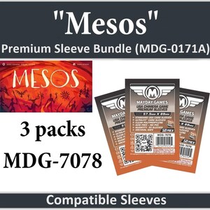 May include: A bundle of three packs of card sleeves. The packaging features the word "Mesos" in large letters, with a stylized illustration. Each sleeve pack is labeled "Mayday Games" and includes product details and a QR code.