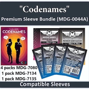 May include: A bundle of card sleeves for the game "Codenames." The image shows the game box, along with several packs of Mayday Games Premium Card Sleeves. The sleeves are designed to fit various card sizes, including 45mm x 68mm and 70mm x 70mm.