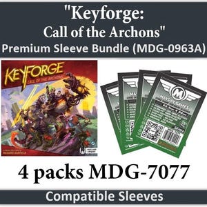 May include: A product image featuring a Keyforge Call of the Archons Premium Sleeve Bundle. The image shows a game box with colorful artwork and four packs of card sleeves. The text on the packs indicates they are 63.5mm x 88mm and archival safe.