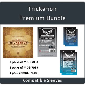 May include: A premium bundle for the board game Trickerion, including card sleeves and the game box. The image shows the game box, multiple packs of card sleeves, and text that reads "Trickerion Premium Bundle".