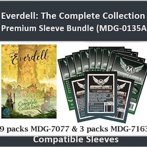 May include: A bundle of 9 packs of MDG-7077 and 3 packs of MDG-7163 card game sleeves, compatible with the Everdell: The Complete Collection board game. The sleeves are black with a white Mayday Games logo and text.