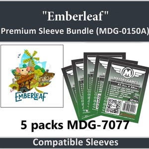 May include: A bundle of card game sleeves with the text "Emberleaf" and "Premium Sleeve Bundle." The image shows five packs of sleeves, each with the "Mayday Games" logo and product details. The sleeves are designed for standard USA cards.
