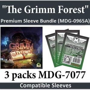 May include: Image of "The Grimm Forest" Premium Sleeve Bundle. The image shows three packs of card game sleeves, each with the Mayday Games logo. The sleeves are designed for standard USA card sizes, measuring 63.5mm x 88mm.