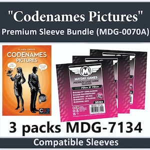 May include: Image of a Codenames Pictures Premium Sleeve Bundle. The image shows three packs of card sleeves with the text "MAYDAY GAMES PREMIUM CARD GAME SLEEVES". Each pack is 70mm x 70mm and contains 50 sleeves.