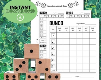 Może przedstawiać: Drukowana karta punktacji do gry w Bunco z instrukcjami i zasadami. Karta punktacji jest czarno-biała i ma prosty projekt. Karta punktacji jest przeznaczona dla sześciu graczy i zawiera miejsca na imię każdego gracza, numer gry i wynik. Karta punktacji zawiera również miejsca na łączną liczbę punktów, przegrane i wygrane.