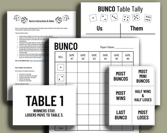 Minimalist BUNCO Printable Bundle | Score Cards - Tally Sheets - Table Cards - Prize Categories - Instructions/Rules