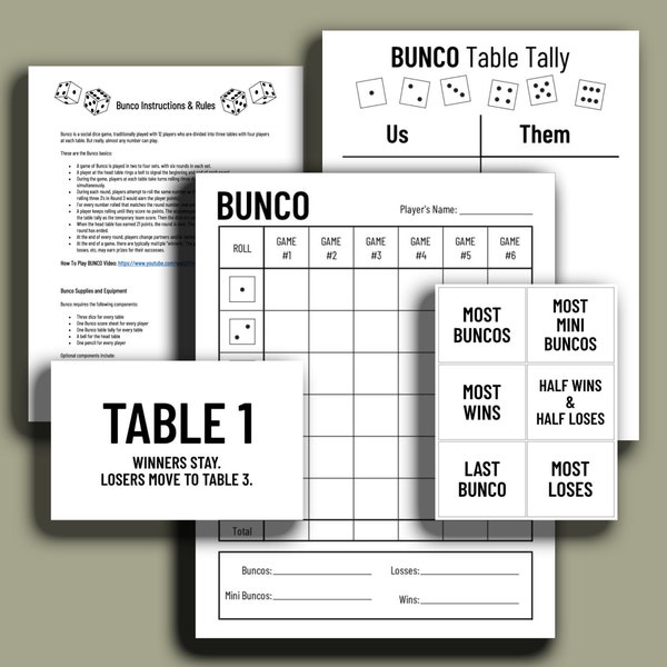 Minimalist BUNCO Printable Bundle | Score Cards - Tally Sheets - Table Cards - Prize Categories - Instructions/Rules